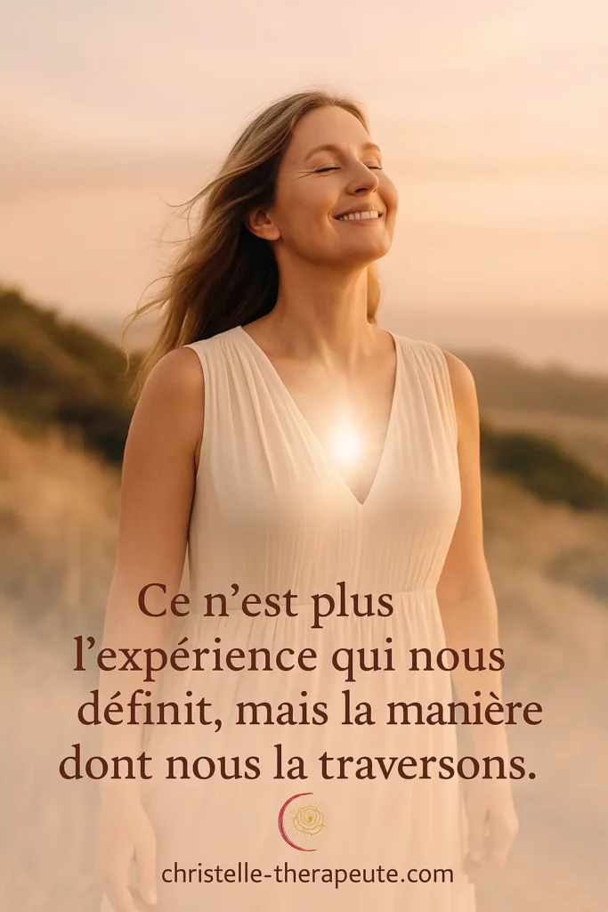 "Ce n’est plus l’expérience qui nous définit, mais la manière dont nous la traversons" – femme apaisée en nature.